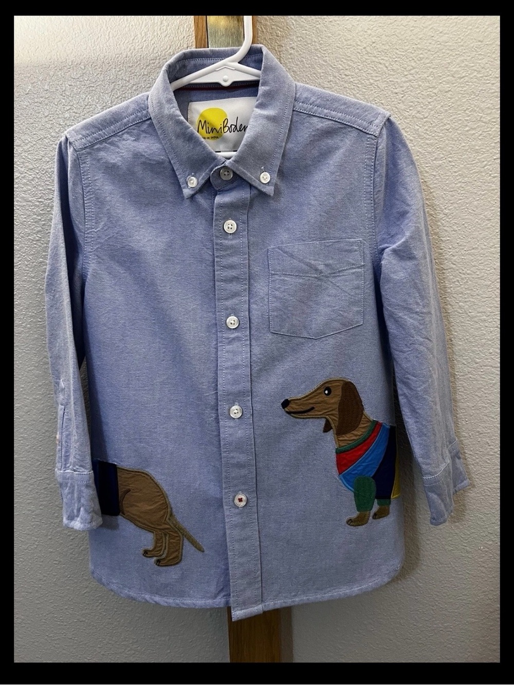 NWOT Mini Boden Blue Button-Down Shirt with Dachshund Appliqué 4-5Y